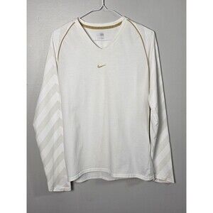 Nike FIT DRY Long Sleeve White Athletic Shirt w/ Gold Swoosh & Chevron Sleeves L